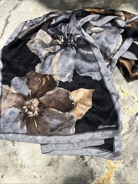 Anne Klein Black, Gray & Brown Floral Silk Scarf